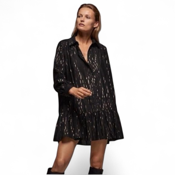 NWT ZARA Women’s Black and Gold Metallic Shirt Dress Size XL - Picture 1 of 10
